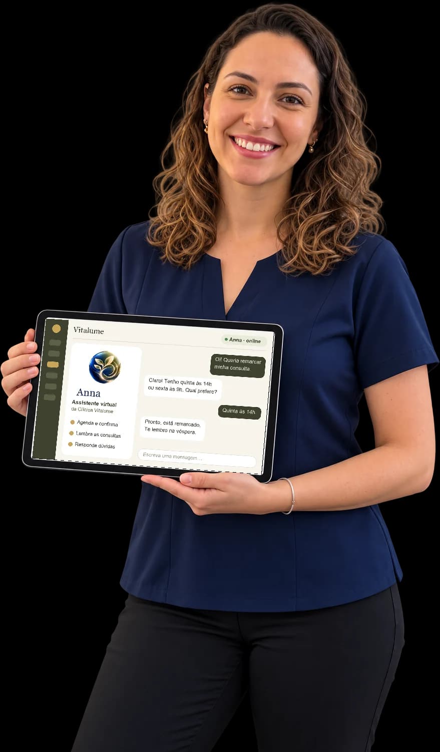 Anna, a assistente virtual da Vitalume, sorrindo e segurando um tablet com uma conversa de agendamento no sistema